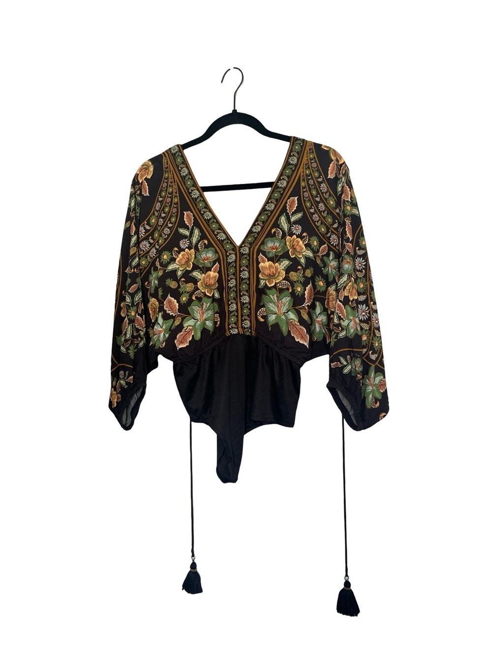 Farm Rio Bodysuit V Neck Earth Tone Floral Dolman Sleeve Bohemian Size PP